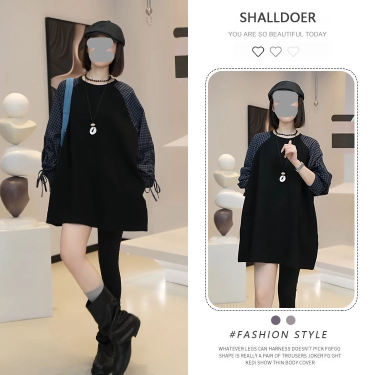 港风复古格子长袖衬衫连衣裙女202春秋新款宽松显瘦假两件A字短裙