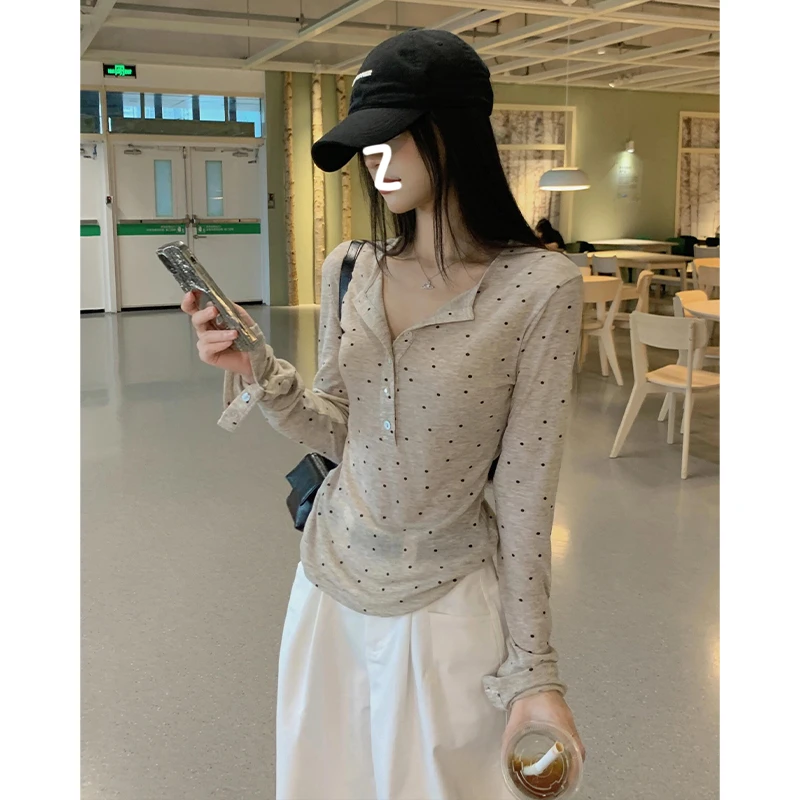 韩版薄款波点长袖修身T恤女夏季新款慵懒显瘦设计感百搭防晒上衣