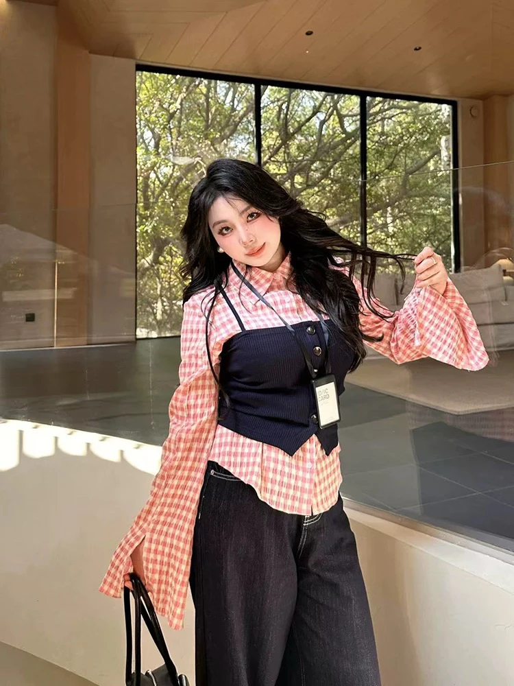【葡萄家】胖mm减龄新款长袖复古格子衬衫马甲两件套