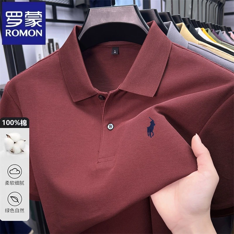罗蒙纯棉商务男士Polo衫夏季休闲小马标翻领百搭半袖t恤衫上衣