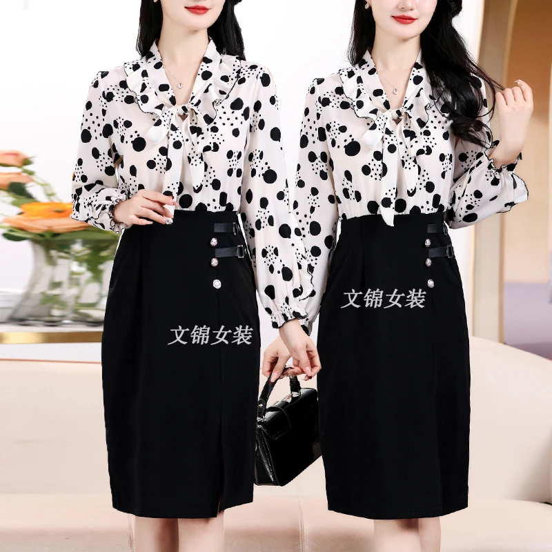 春季新款连衣裙女中长款洋气女神范波点长袖减龄裙子女士修身长裙