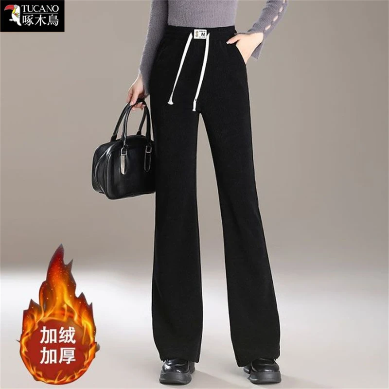 啄木鸟正品2025年秋冬季高腰休闲直筒裤女加绒加厚保暖百搭阔腿裤