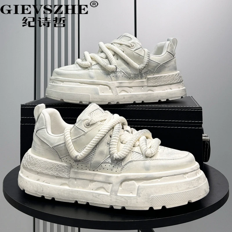 纪诗哲男鞋2025新款夏季超火做旧板鞋透气小白鞋厚底内增高休闲鞋
