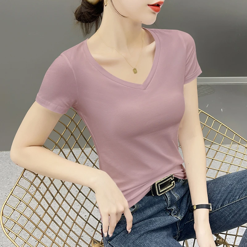 爆款大码V领宽松短袖T恤女莫代尔正肩设计冰丝纯色T恤夏季打底衫