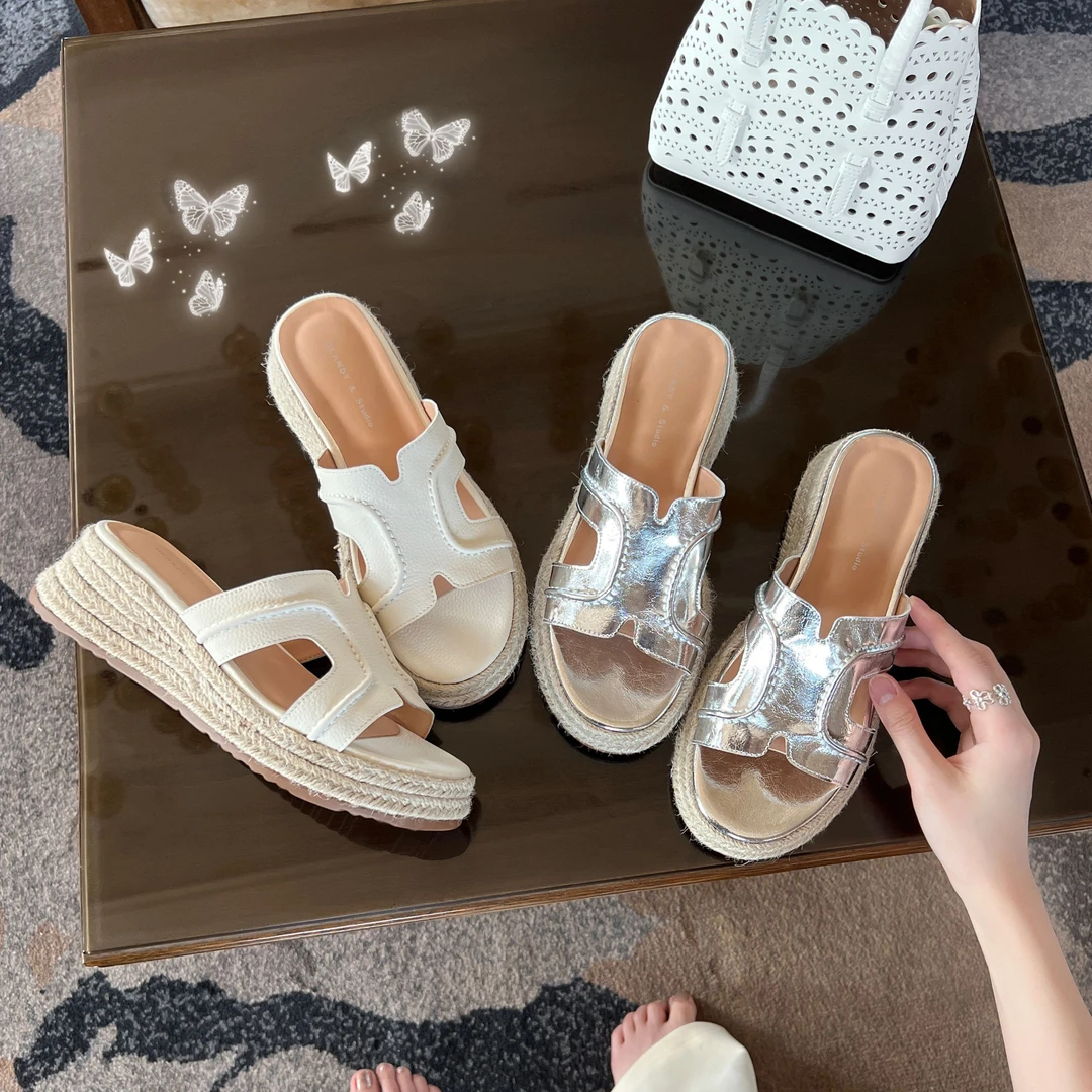 【大叔家】厚底增高一字H凉拖鞋女2025秋季新草编鞋底坡跟凉鞋8253