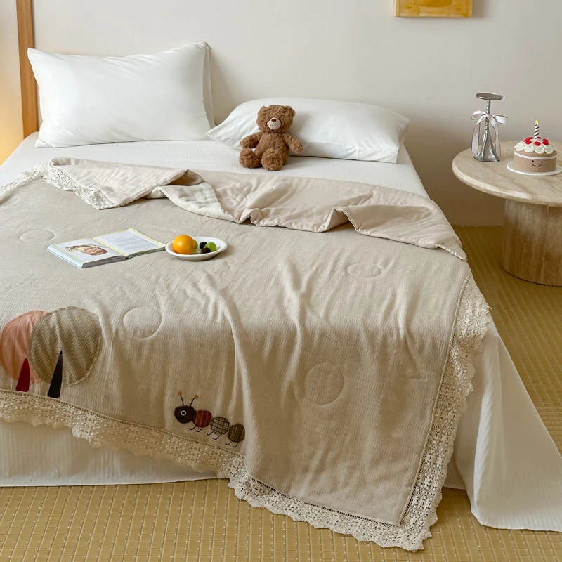 【禾风织野-绣花夏被】全棉棉麻绣花夏被花边双层纱棉花被夏凉被芯