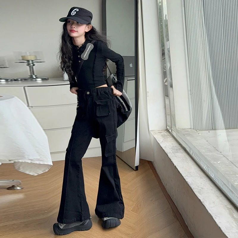 女童牛仔喇叭裤2025辣妹时髦连帽上衣黑色工装马蹄裤显腿长两件套