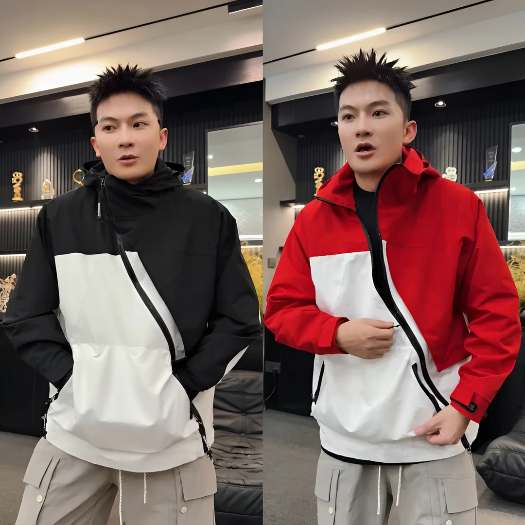 秋季新款拼色连帽户外运动冲锋衣潮牌防风大口袋拉链百搭夹克外套
