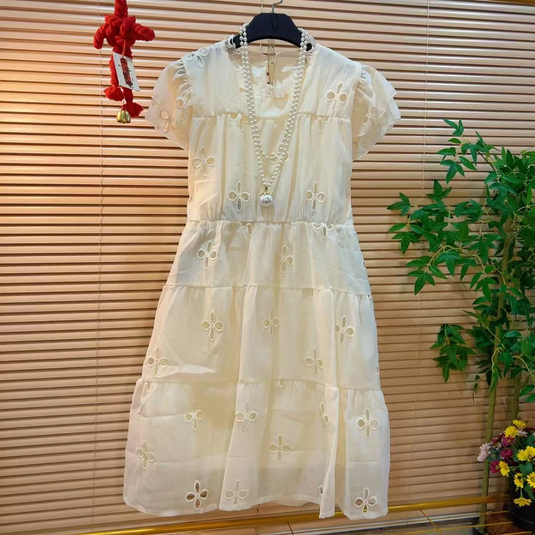 淑女气质镂空设计中长裙胖YY2025夏季新款法式甜美温柔减龄连衣裙