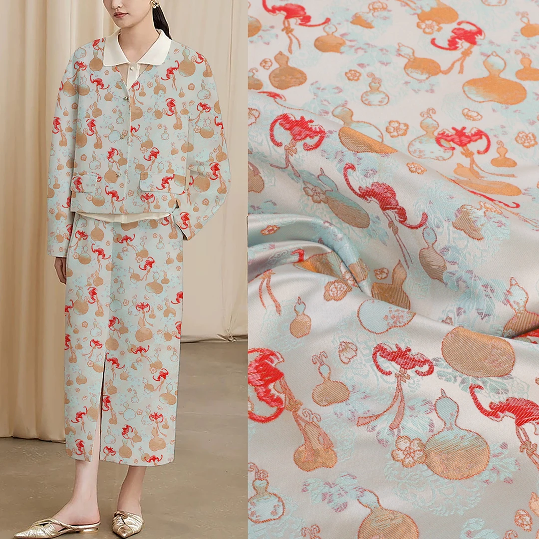 《FS001葫芦红蝠纹》国风宋锦工艺布料马甲衬衫上衣外套服装面料