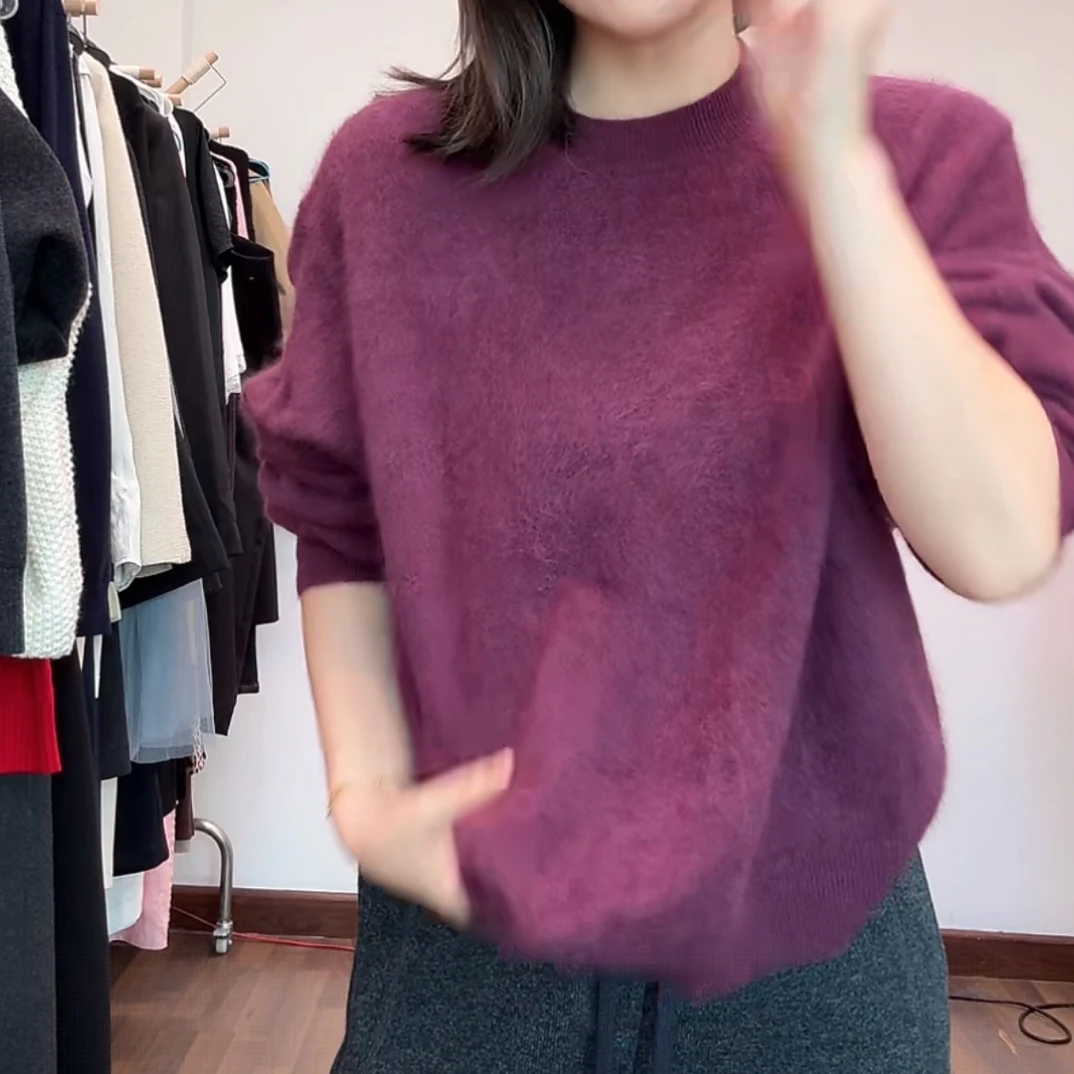 毛针织衫冬季宽松型针织女紫色拉毛
