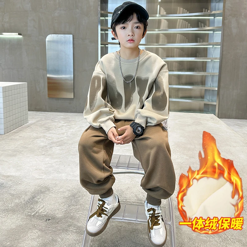 男童秋冬季套装2025新款中大儿童男孩运动帅气休闲宽松款加绒卫衣