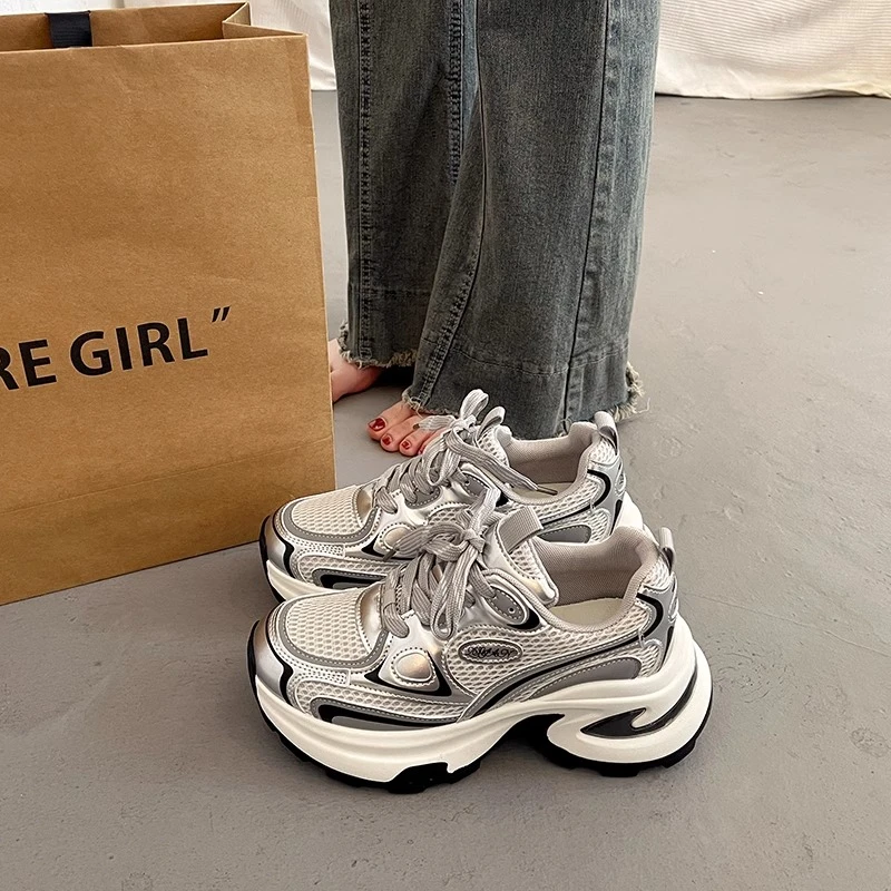 爆款百搭厚底老爹鞋女春夏新款小个子增高女鞋炸街网面运动休闲鞋