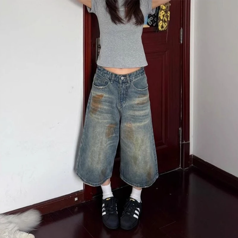 春夏季新款复古直筒牛仔裤女装水洗中长版美式简约七分宽松长裤