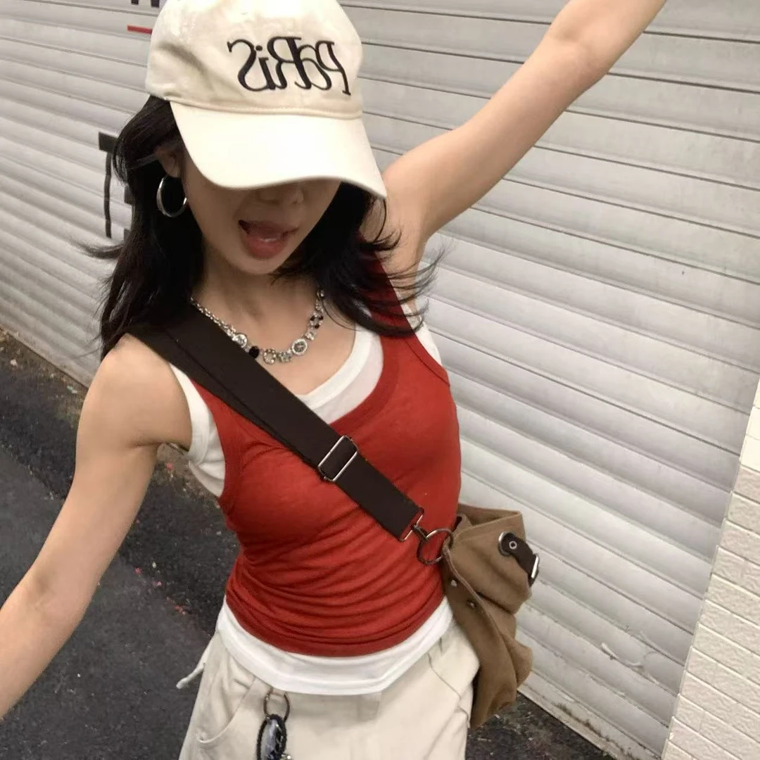 Pp【山楂卷】美式辣妹双层假两件撞色针织背心女夏季修身百搭S25207