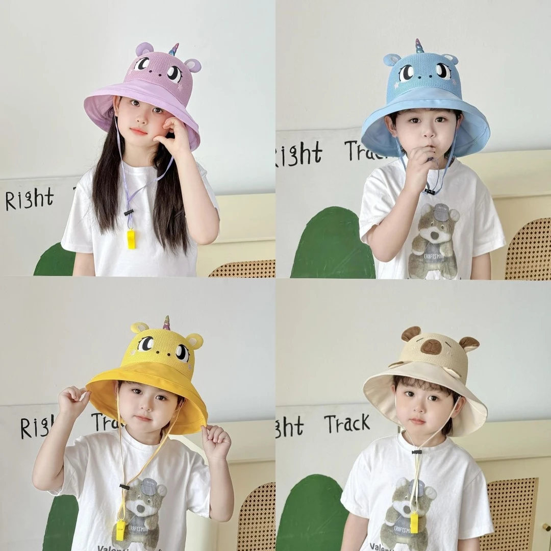 儿童夏季防晒帽男女童防紫外线太阳帽宝宝卡通网眼大檐遮阳渔夫帽