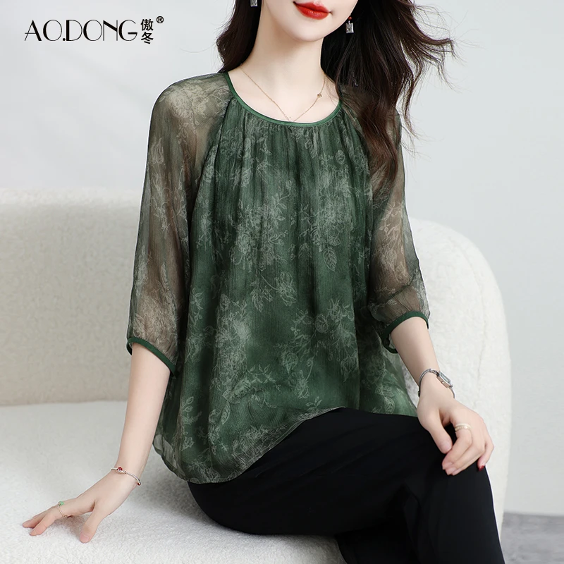 新款真丝上衣女飘逸小衫中袖印花透气桑蚕丝小众设计感T恤夏季