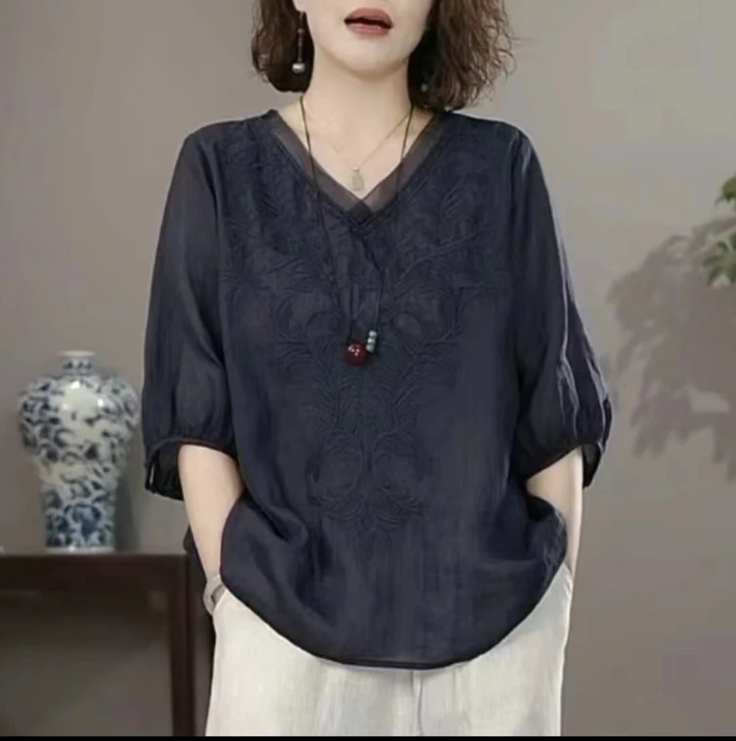10夏季新款印花刺绣短袖V领小衫t恤小衫上衣中年纯色宽松显瘦女装
