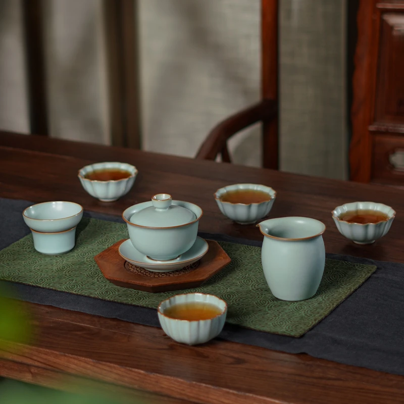 汝窑随缘盖碗七件套景德镇茶壶套装复古汝瓷功夫茶具手工陶瓷