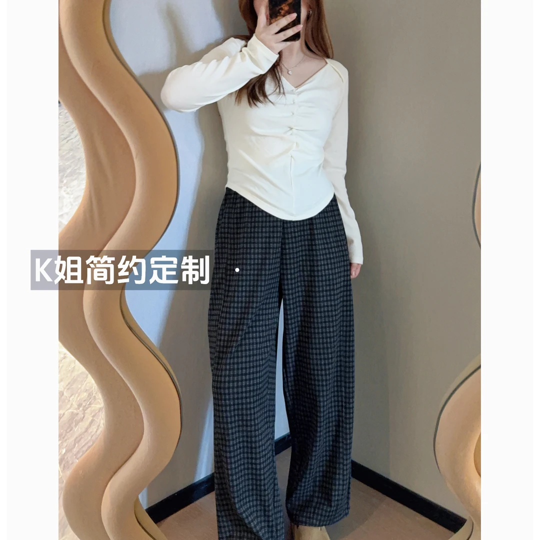 GTNER“KK定制”早秋新款休闲格子裤秋季高腰显瘦宽松直筒裤D2044