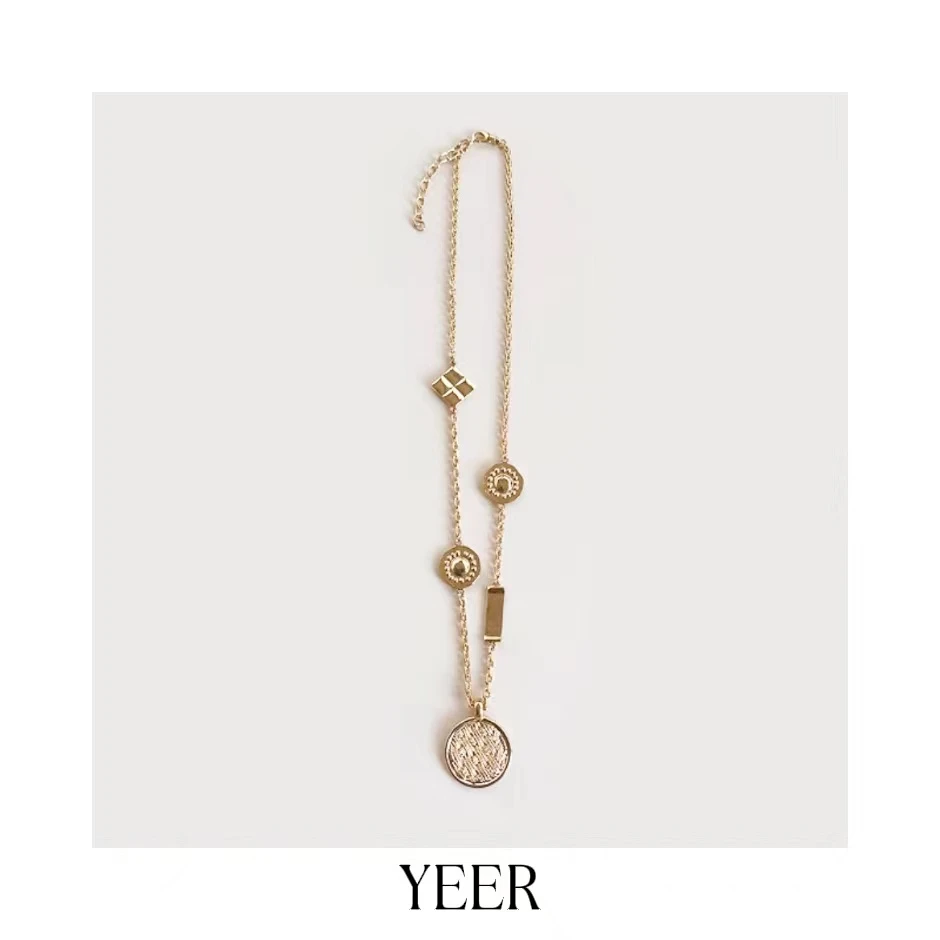 铜合金项链 YEER 小众复古高级感编织纹圆牌拼浮雕吊坠项链 百搭