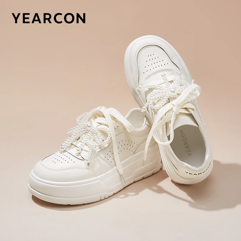 YEARCON/意尔康2025新款牛皮厚底增高板鞋超好看百搭时尚休闲女鞋