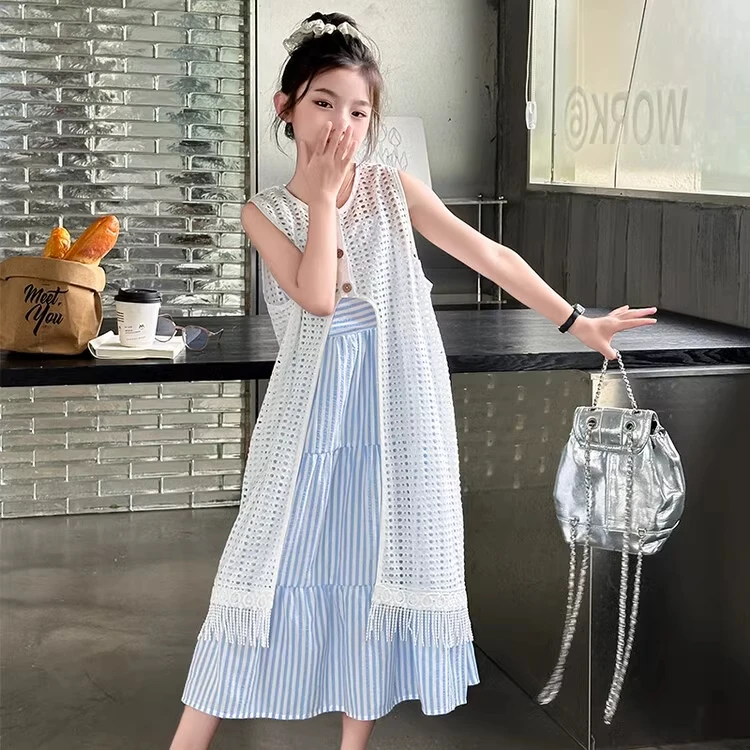 女童海边度假连衣裙套装夏季2025新款儿童大童女孩背心吊带裙夏装