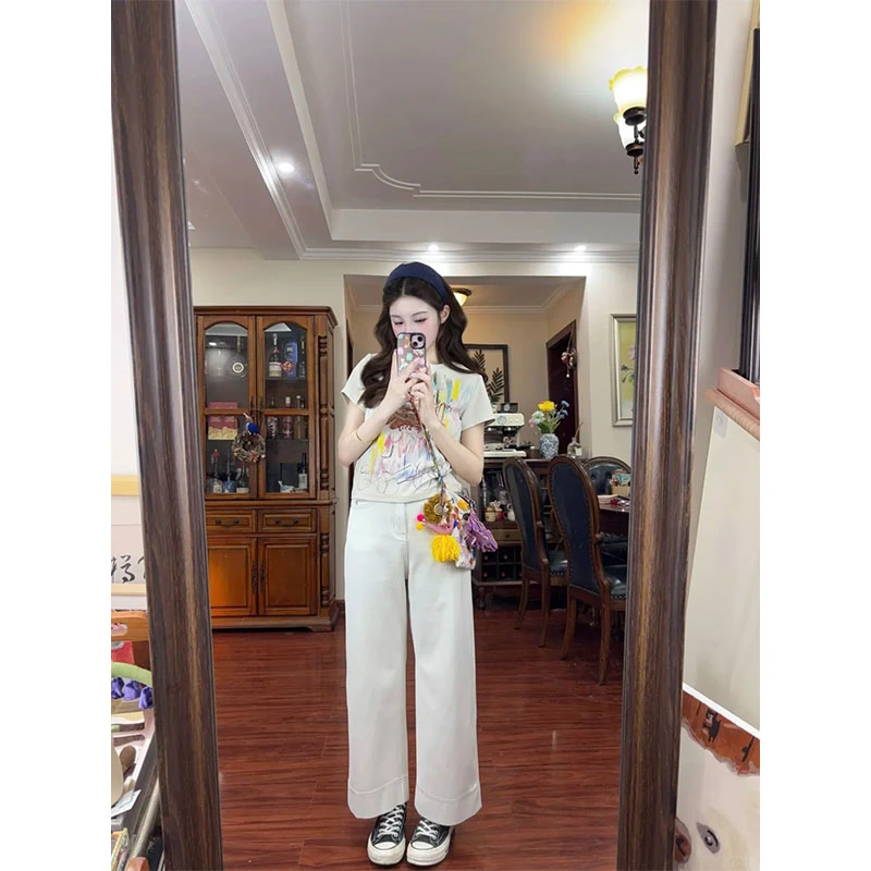 洋气套装夏季新款休闲百搭高级感印花圆领短袖上衣高腰直筒阔腿裤