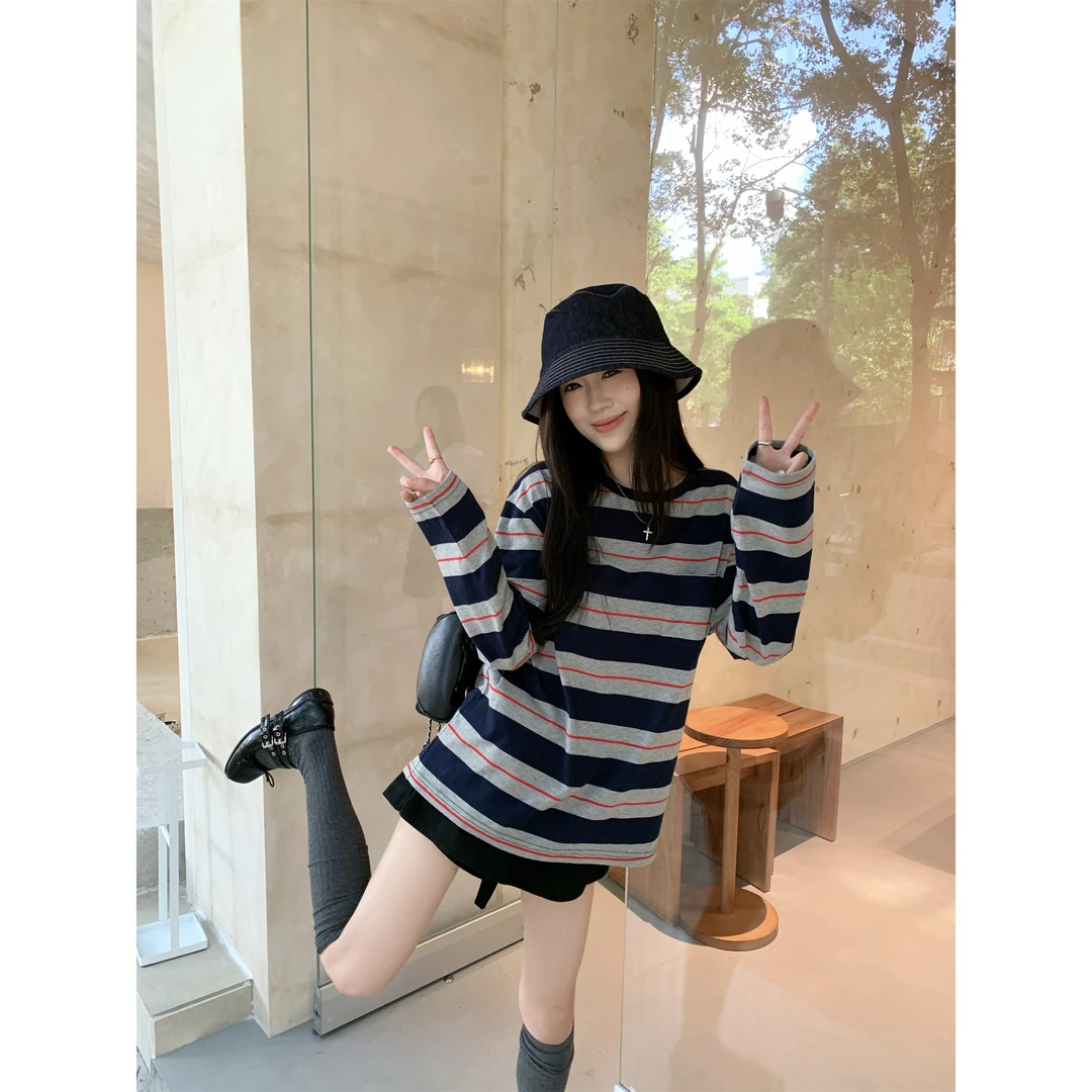 韩版宽松显瘦长袖条纹T恤女时尚百搭高级设计感绝美别致上衣服