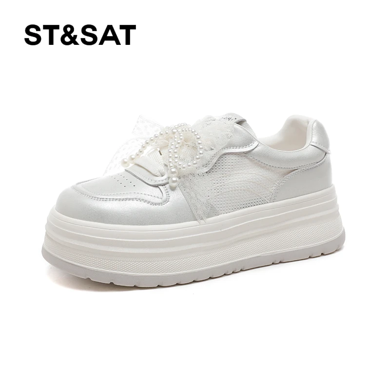 星期六2025年百搭女鞋春秋透气（阿珍）蕾丝珍珠厚底小白鞋休闲鞋