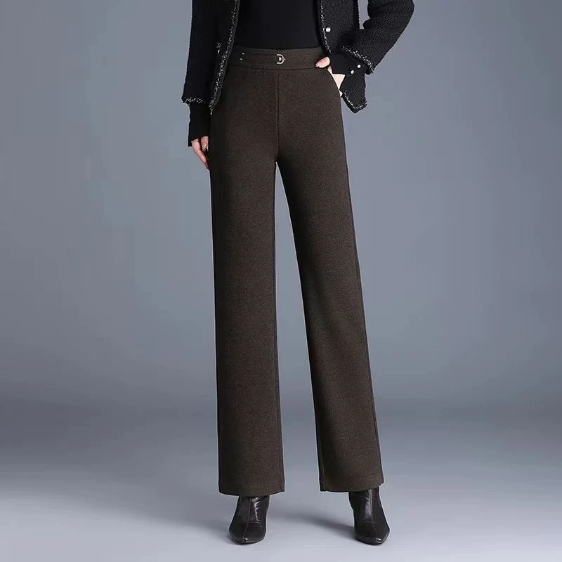 （裤长约97）冬季新款时尚百搭气质高腰直筒半松紧加绒休闲裤9855