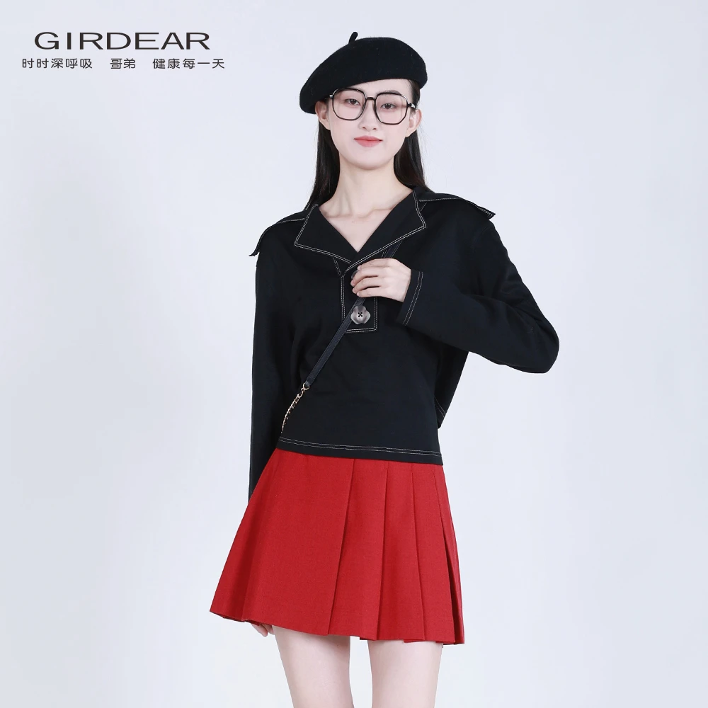 哥弟高级感时尚海军领明线百搭两粒扣长袖衬衫减龄衬衣女 1300836