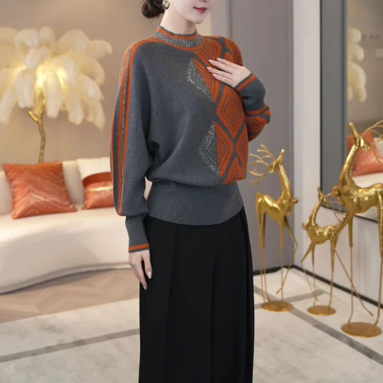 2025春季新款烫钻拼色圆领拼接百搭毛衣女显瘦毛衣针织打底衫
