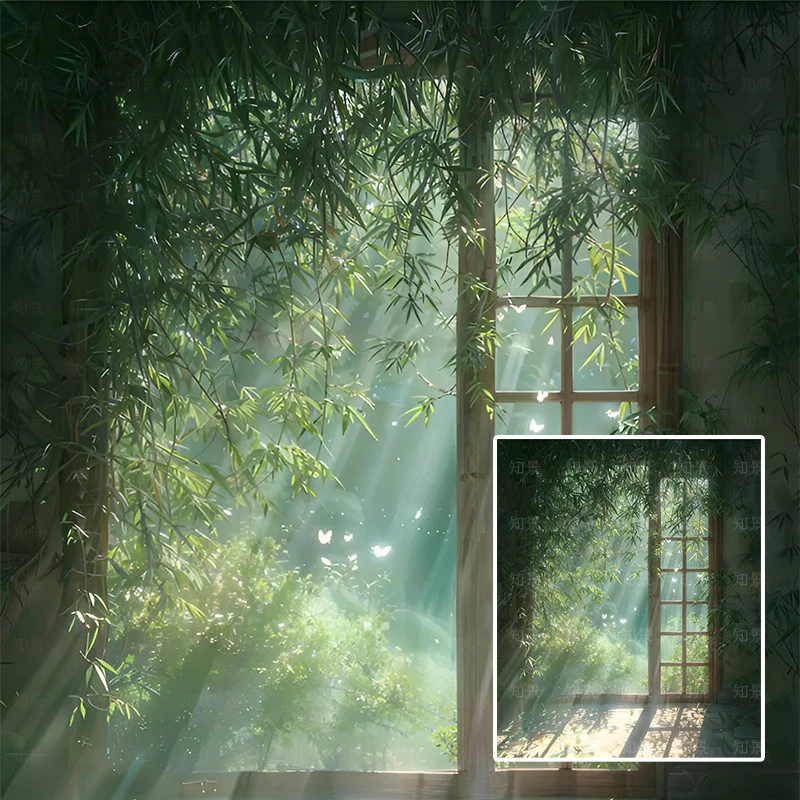 梦幻竹子透光落地窗真实立体感背景布婚纱写真摄影拍照直播背景纸