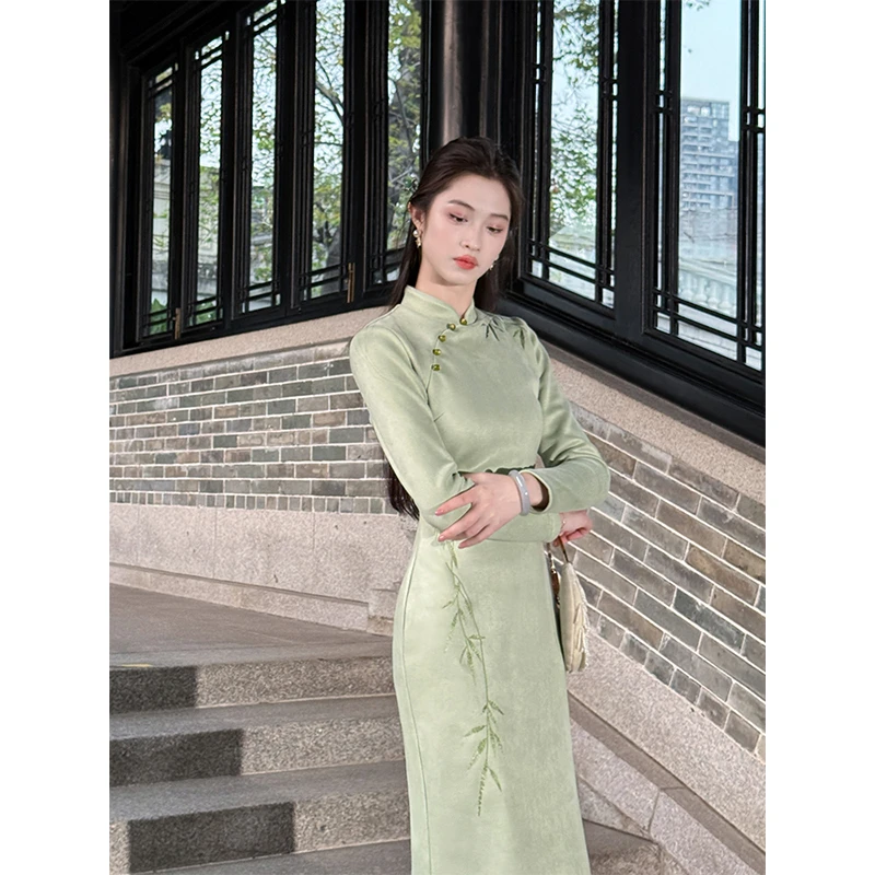 凌茜【竹鸢】新中式改良旗袍秋冬女竹叶刺绣连衣裙