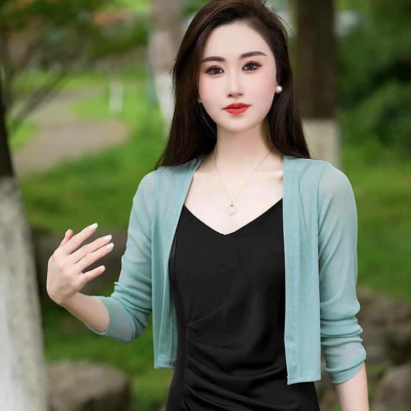 吊带裙专用外搭小披肩夏季薄款洋气长袖小开衫多巴胺大码外套罩衫