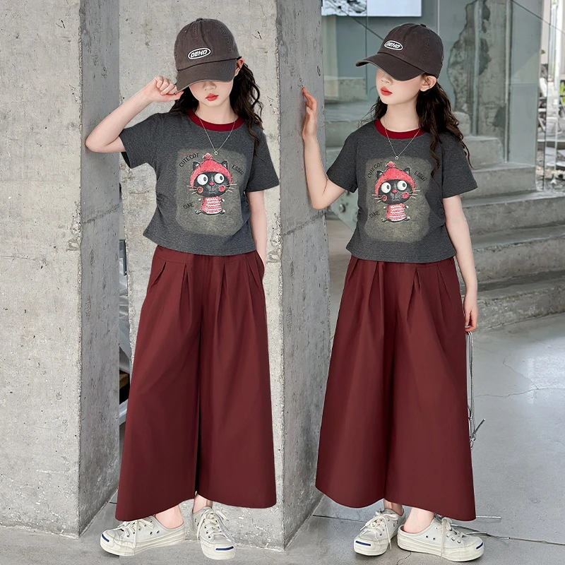 女童新款套装套头印花夏季女孩纯色常规薄款套装女童中大童2839