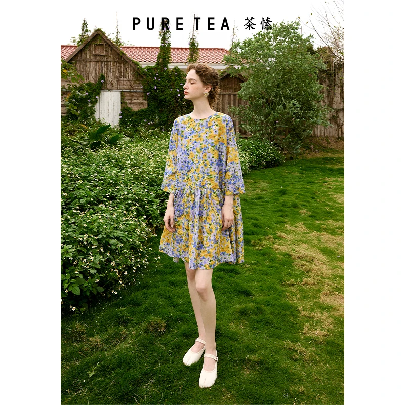 【商场同款】puretea茶愫丝棉印花连衣裙女收褶娃娃裙TD4202C21