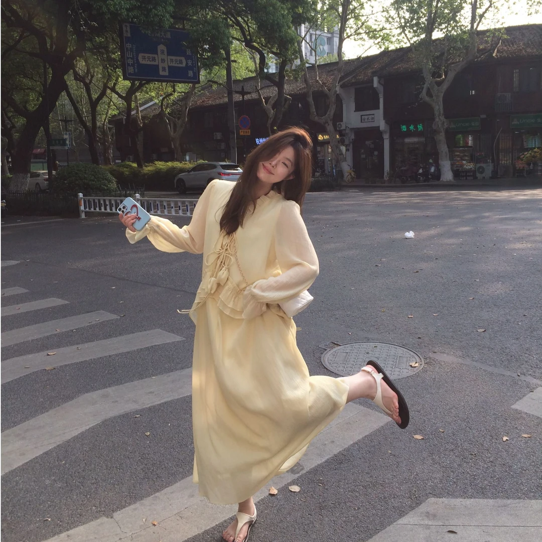 晶咕【甜心泡泡】法式温柔风韩版气质慵懒风木耳边连衣裙