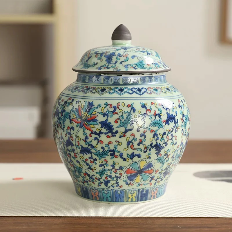 珐琅彩缠枝莲将军茶叶罐密封罐储物罐-5174