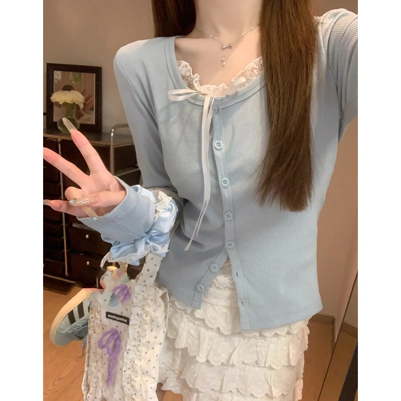 【胖小朵】春季大码胖mm纯欲蕾丝拼色单排扣假两件打底衫T恤上衣