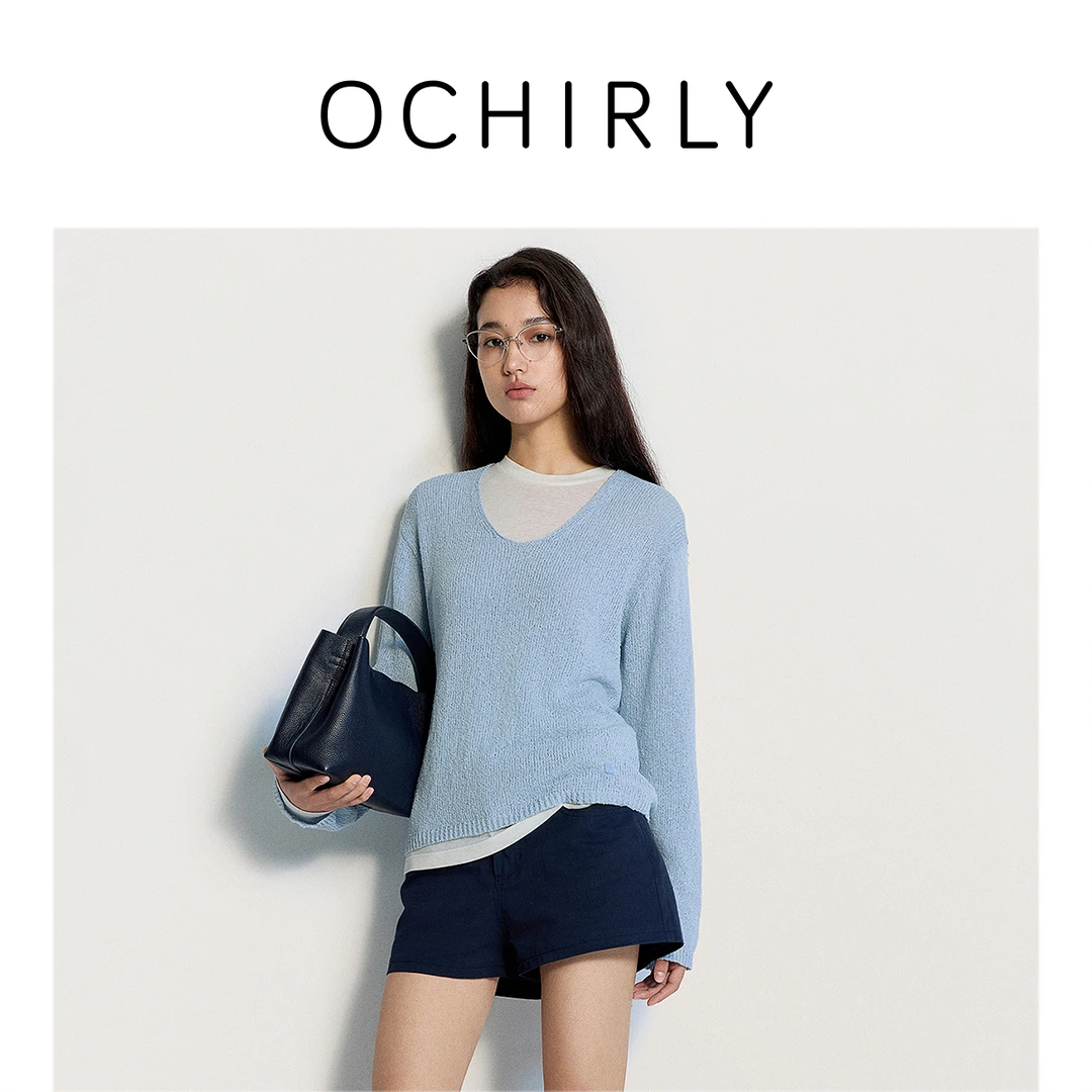 【季末折扣】欧时力 莱赛尔V领长袖针织衫女上衣落肩2025秋冬新品