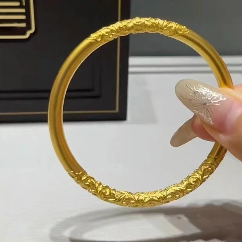 铜合金手镯 古法素圈卷草纹实心手镯宫廷风紫荆花复素圈光面实心