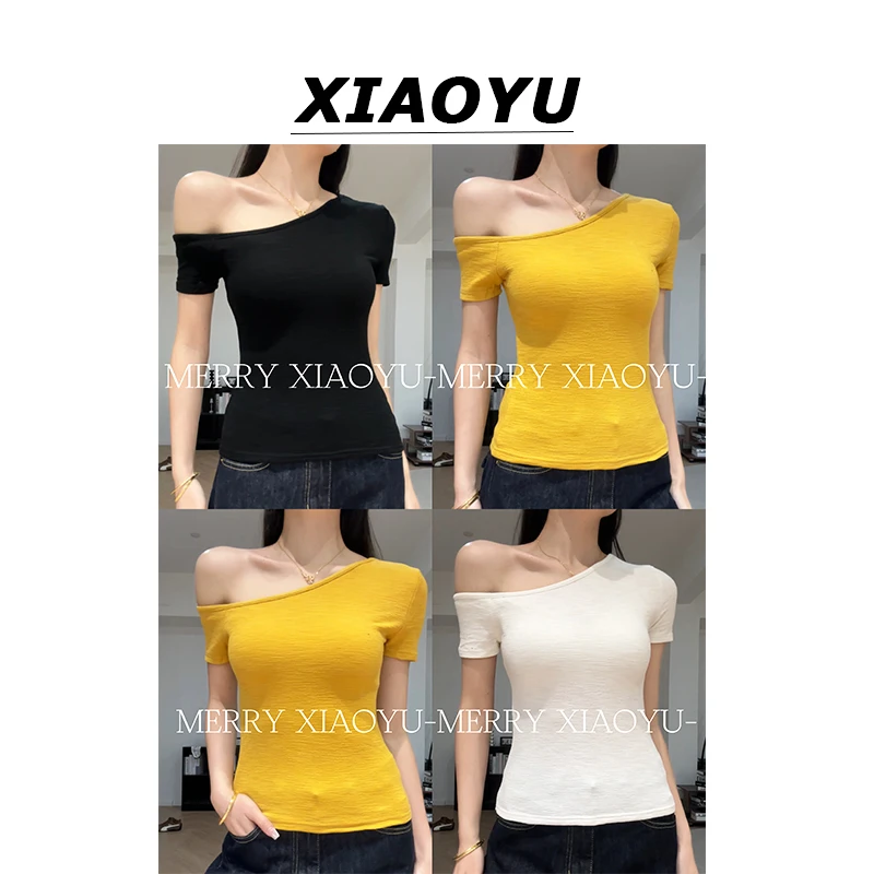 小鱼【韩系极简】辣妹纯色斜肩短袖T恤女小众别致修身显瘦上衣