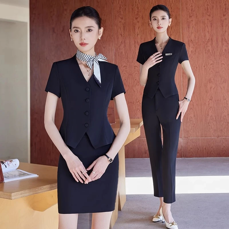 黑色短袖西装套装女夏职业2025新款高端酒店经理美容院工作服工装