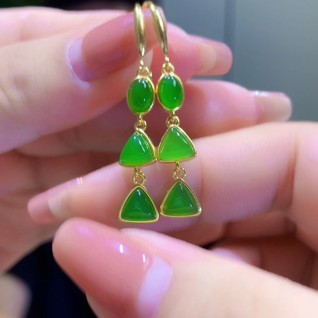 和田玉（碧玉）银S925镀金镶嵌耳饰