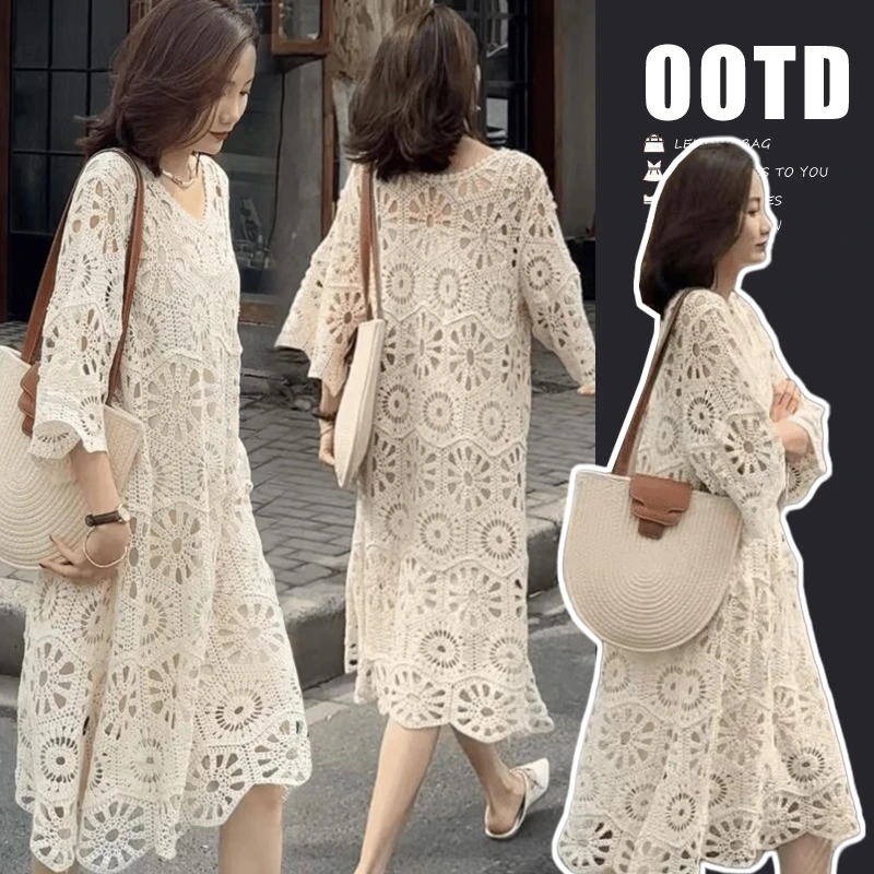 孕妇高品质宽松钩花镂空针织连衣裙