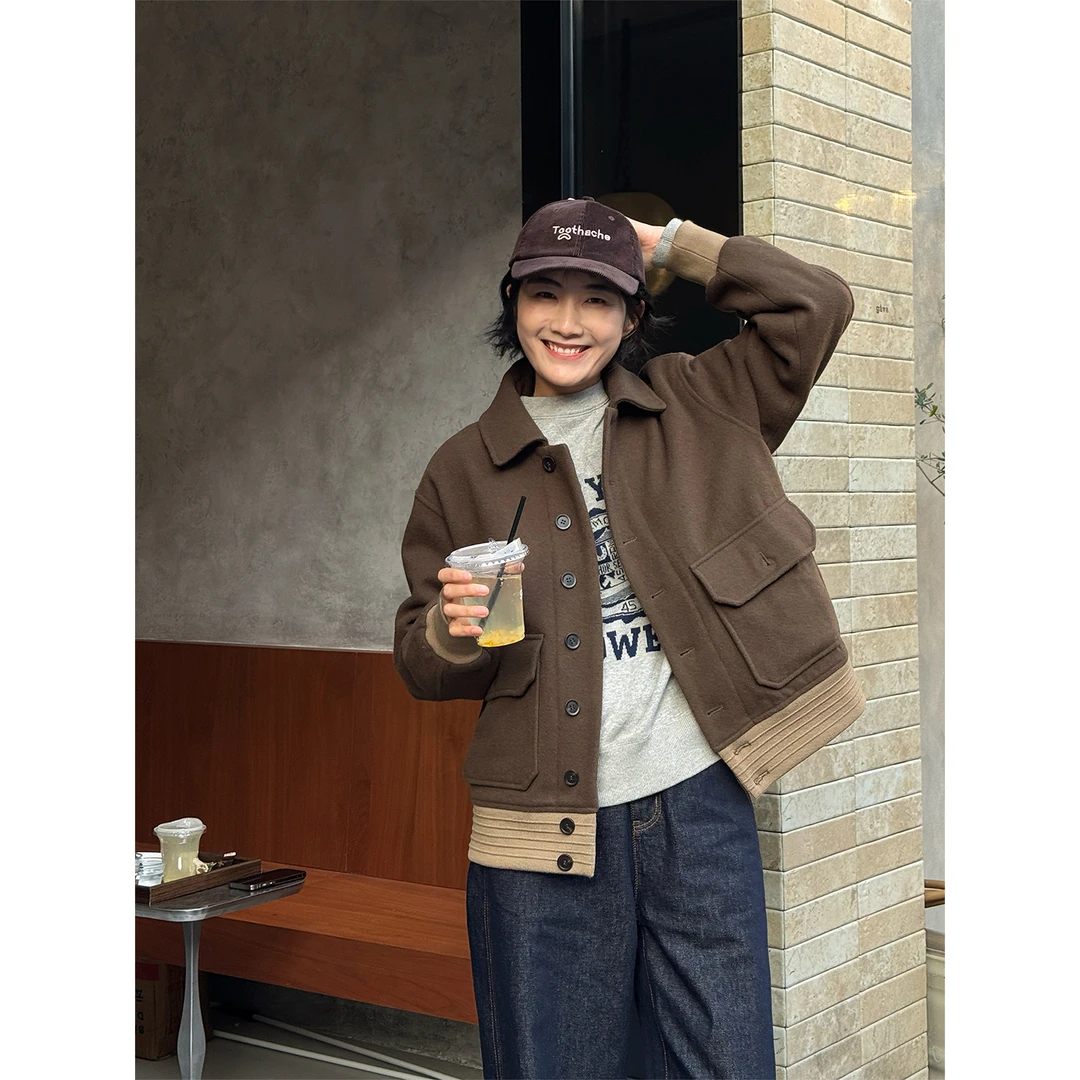 LANGQING 复古高级感撞色拼接翻领羊毛混纺夹克棉服47059#
