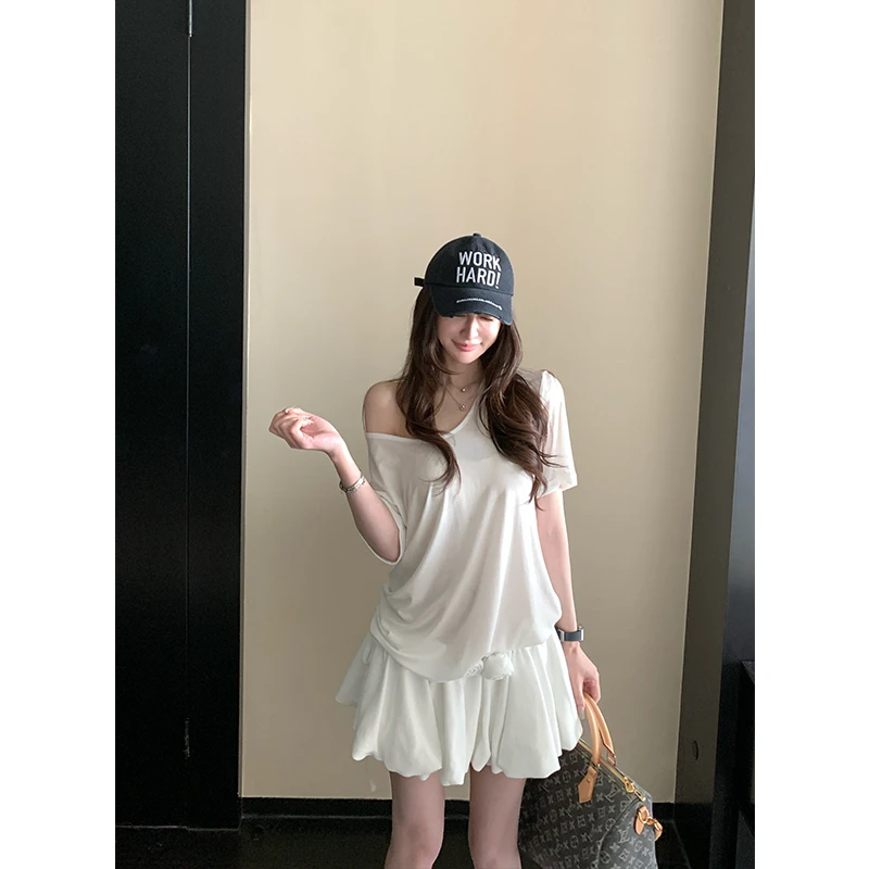 SKKStore 夏日面膜T 冰爽针织天丝醋酸桑蚕丝宽松U领短袖T恤