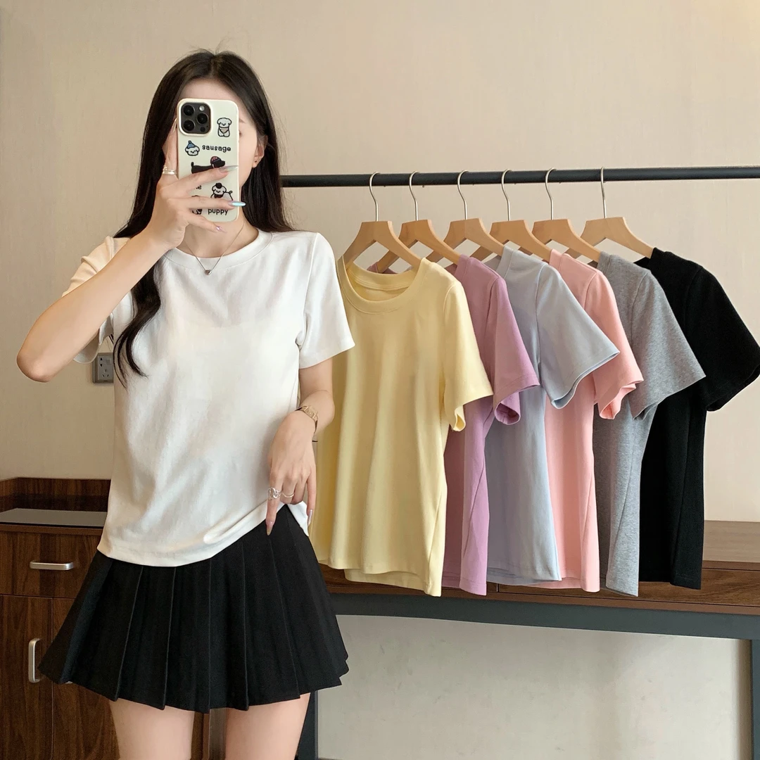 设计感短袖T恤夏季女2025新款韩版百搭纯色圆领上衣3116